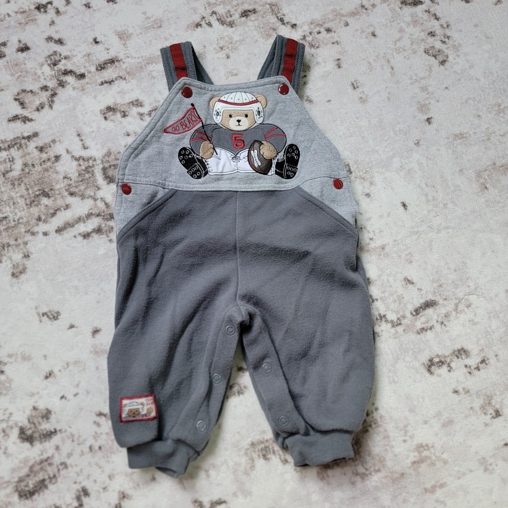 Vintage Carters Baby Boys Football Bear Overalls Grey Red 3-6 Months 90s Y2K